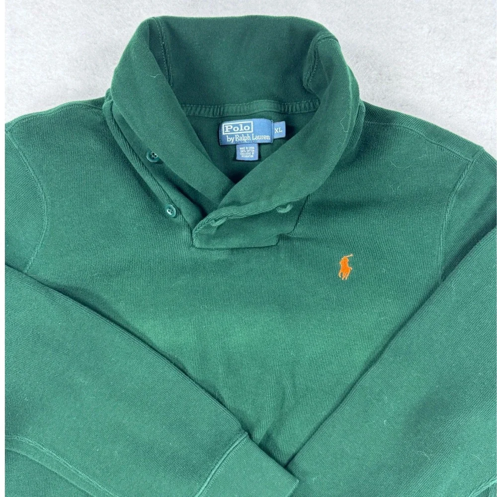 Polo Ralph Lauren VTG Shawl Collar Sweatshirt Mens XL Green Orange Pony Cotton